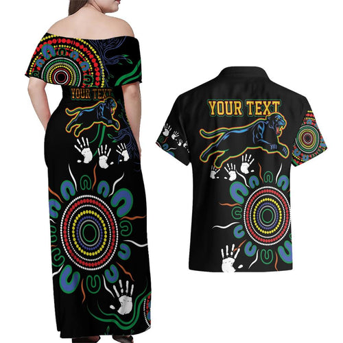 Personalised Panthers Aboriginal Dot Couples Matching Off Shoulder Maxi Dress and Hawaiian Shirt Go the Mighty Panthers
