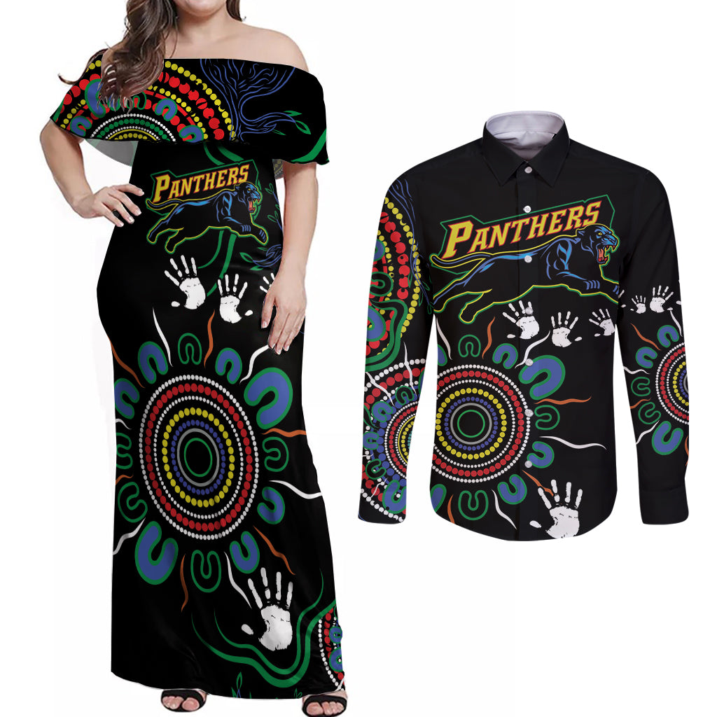 Personalised Panthers Aboriginal Dot Couples Matching Off Shoulder Maxi Dress and Long Sleeve Button Shirt Go the Mighty Panthers