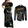 Personalised Panthers Aboriginal Dot Couples Matching Off Shoulder Maxi Dress and Long Sleeve Button Shirt Go the Mighty Panthers