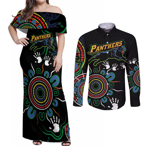 Personalised Panthers Aboriginal Dot Couples Matching Off Shoulder Maxi Dress and Long Sleeve Button Shirt Go the Mighty Panthers