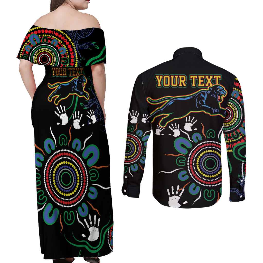 Personalised Panthers Aboriginal Dot Couples Matching Off Shoulder Maxi Dress and Long Sleeve Button Shirt Go the Mighty Panthers