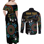 Personalised Panthers Aboriginal Dot Couples Matching Off Shoulder Maxi Dress and Long Sleeve Button Shirt Go the Mighty Panthers