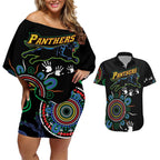 Personalised Panthers Aboriginal Dot Couples Matching Off Shoulder Short Dress and Hawaiian Shirt Go the Mighty Panthers