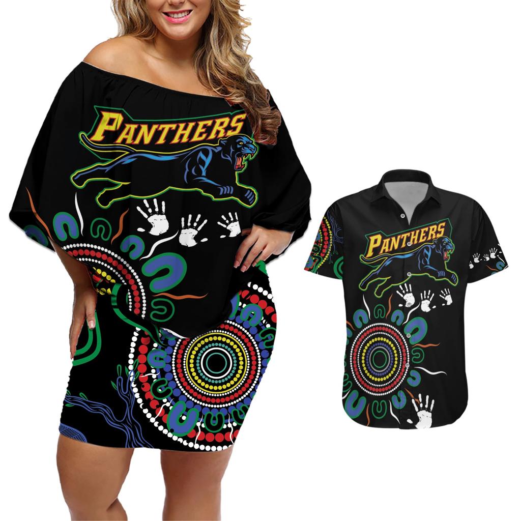 Personalised Panthers Aboriginal Dot Couples Matching Off Shoulder Short Dress and Hawaiian Shirt Go the Mighty Panthers