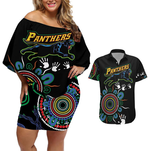 Personalised Panthers Aboriginal Dot Couples Matching Off Shoulder Short Dress and Hawaiian Shirt Go the Mighty Panthers