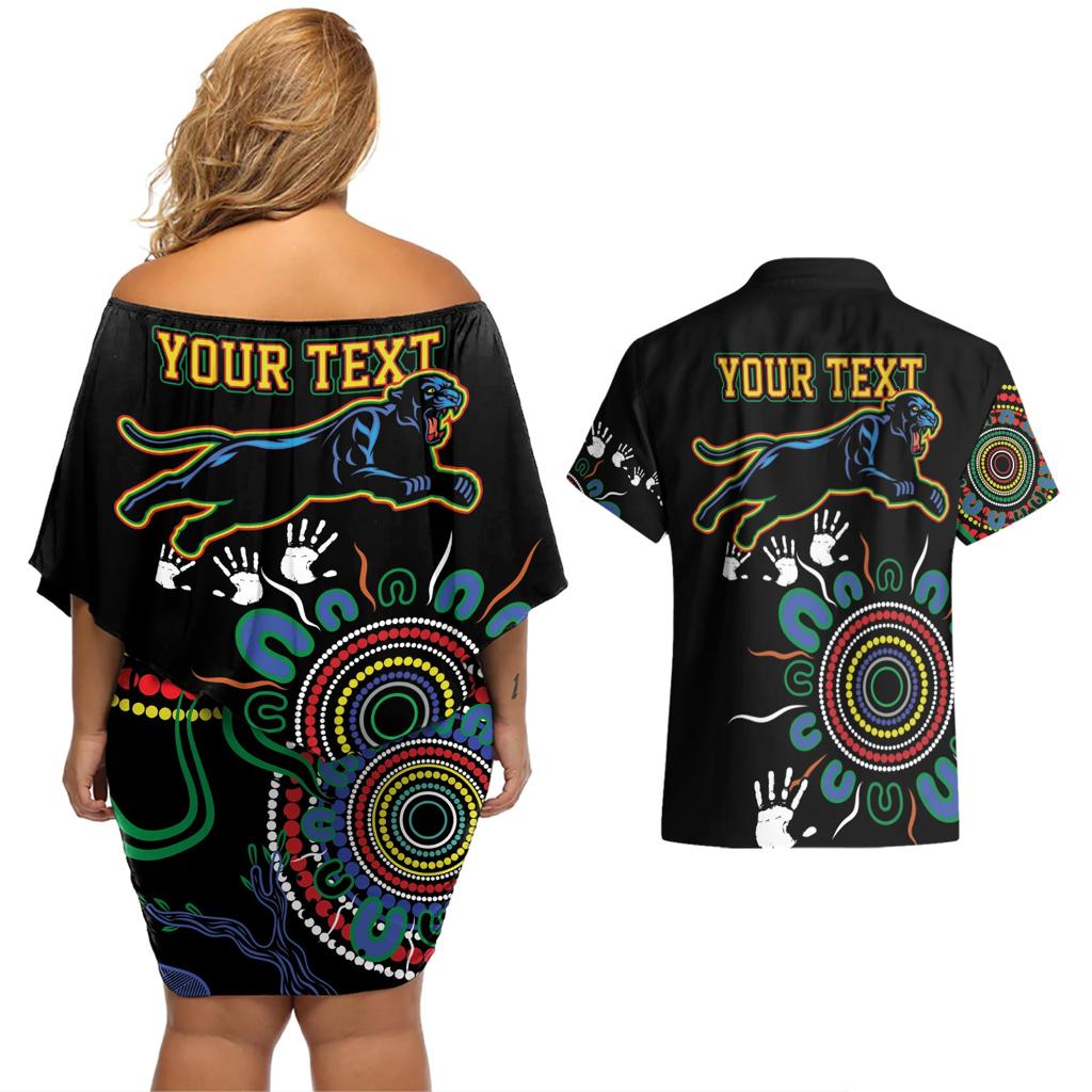 Personalised Panthers Aboriginal Dot Couples Matching Off Shoulder Short Dress and Hawaiian Shirt Go the Mighty Panthers