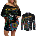 Personalised Panthers Aboriginal Dot Couples Matching Off Shoulder Short Dress and Long Sleeve Button Shirt Go the Mighty Panthers