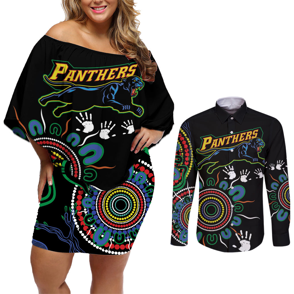 Personalised Panthers Aboriginal Dot Couples Matching Off Shoulder Short Dress and Long Sleeve Button Shirt Go the Mighty Panthers