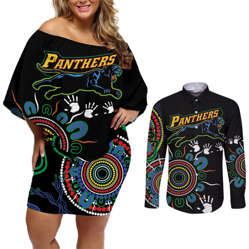 Personalised Panthers Aboriginal Dot Couples Matching Off Shoulder Short Dress and Long Sleeve Button Shirt Go the Mighty Panthers
