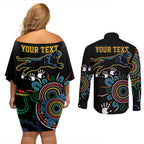 Personalised Panthers Aboriginal Dot Couples Matching Off Shoulder Short Dress and Long Sleeve Button Shirt Go the Mighty Panthers