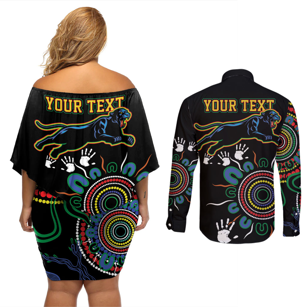 Personalised Panthers Aboriginal Dot Couples Matching Off Shoulder Short Dress and Long Sleeve Button Shirt Go the Mighty Panthers