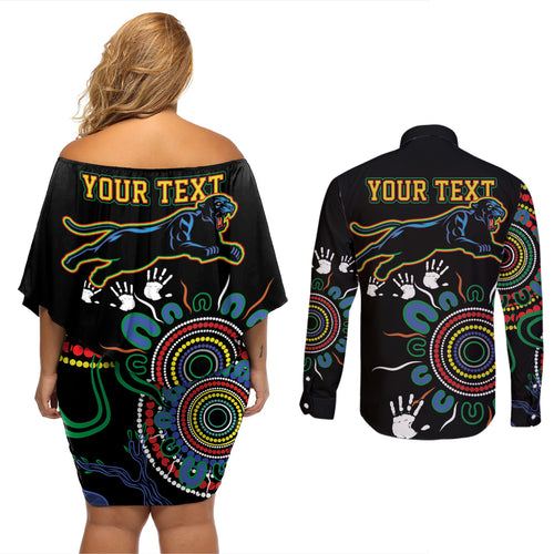 Personalised Panthers Aboriginal Dot Couples Matching Off Shoulder Short Dress and Long Sleeve Button Shirt Go the Mighty Panthers