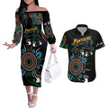 Personalised Panthers Aboriginal Dot Couples Matching Off The Shoulder Long Sleeve Dress and Hawaiian Shirt Go the Mighty Panthers