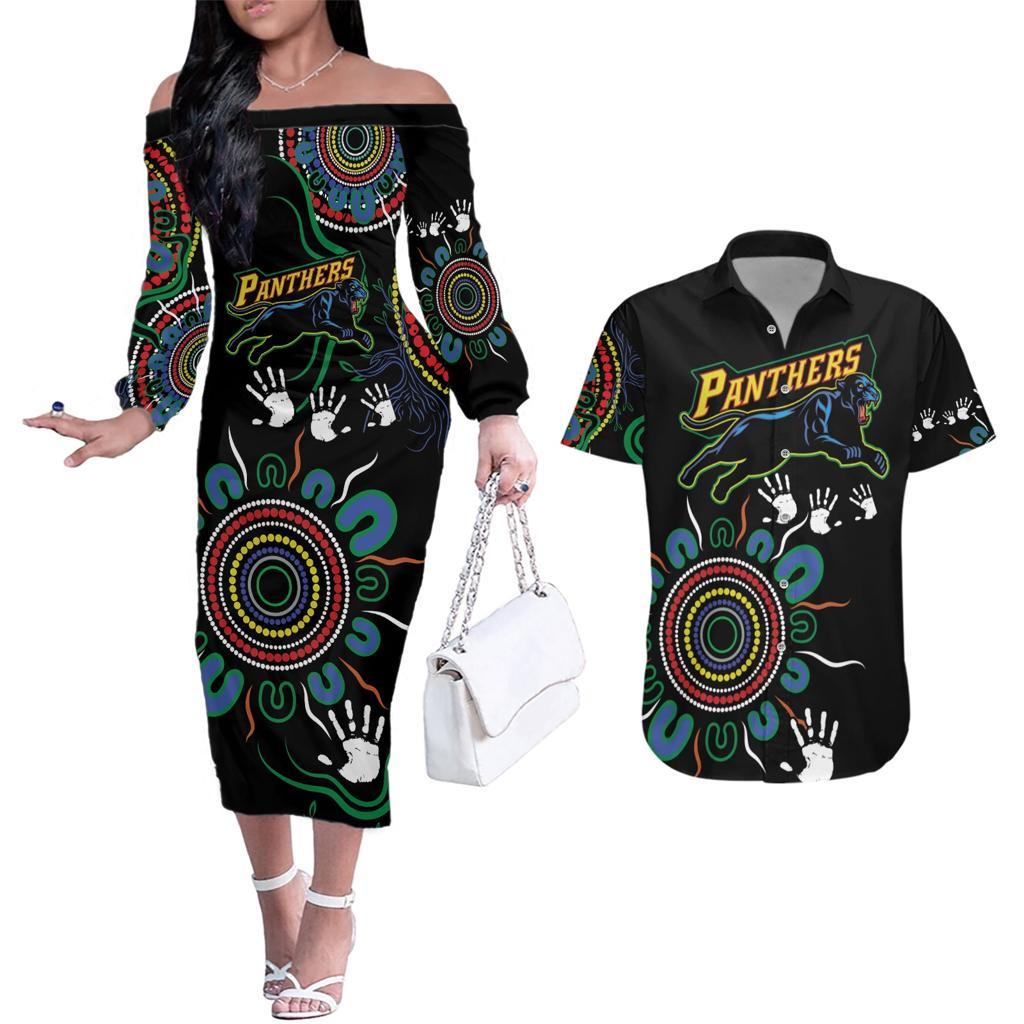 Personalised Panthers Aboriginal Dot Couples Matching Off The Shoulder Long Sleeve Dress and Hawaiian Shirt Go the Mighty Panthers
