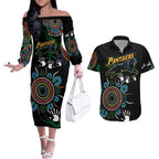 Personalised Panthers Aboriginal Dot Couples Matching Off The Shoulder Long Sleeve Dress and Hawaiian Shirt Go the Mighty Panthers
