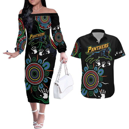 Personalised Panthers Aboriginal Dot Couples Matching Off The Shoulder Long Sleeve Dress and Hawaiian Shirt Go the Mighty Panthers