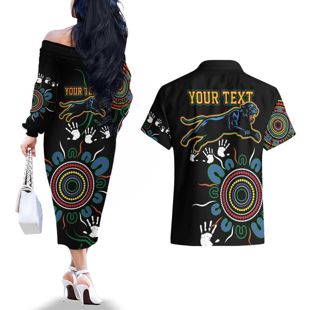 Personalised Panthers Aboriginal Dot Couples Matching Off The Shoulder Long Sleeve Dress and Hawaiian Shirt Go the Mighty Panthers