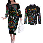 Personalised Panthers Aboriginal Dot Couples Matching Off The Shoulder Long Sleeve Dress and Long Sleeve Button Shirt Go the Mighty Panthers