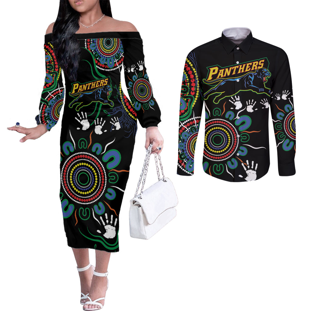 Personalised Panthers Aboriginal Dot Couples Matching Off The Shoulder Long Sleeve Dress and Long Sleeve Button Shirt Go the Mighty Panthers