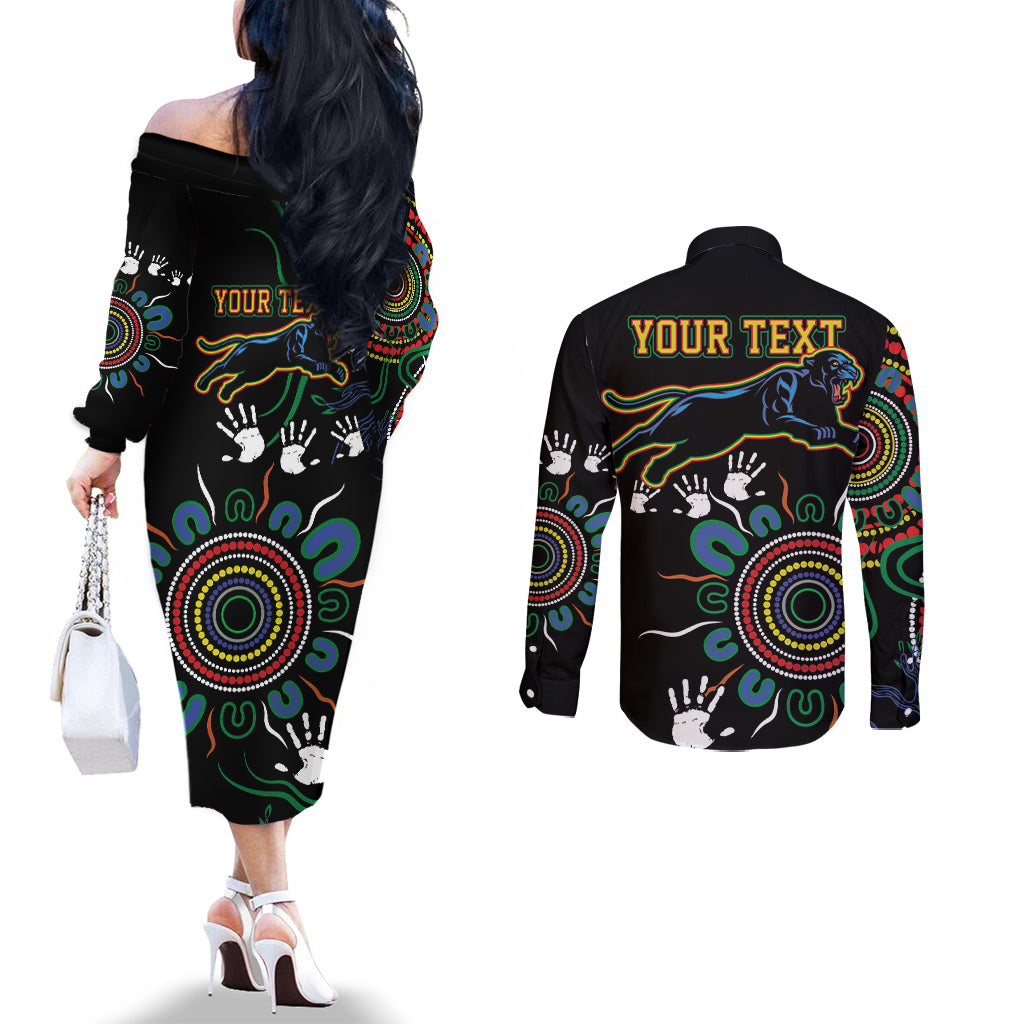 Personalised Panthers Aboriginal Dot Couples Matching Off The Shoulder Long Sleeve Dress and Long Sleeve Button Shirt Go the Mighty Panthers
