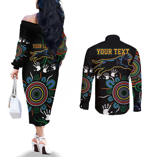 Personalised Panthers Aboriginal Dot Couples Matching Off The Shoulder Long Sleeve Dress and Long Sleeve Button Shirt Go the Mighty Panthers