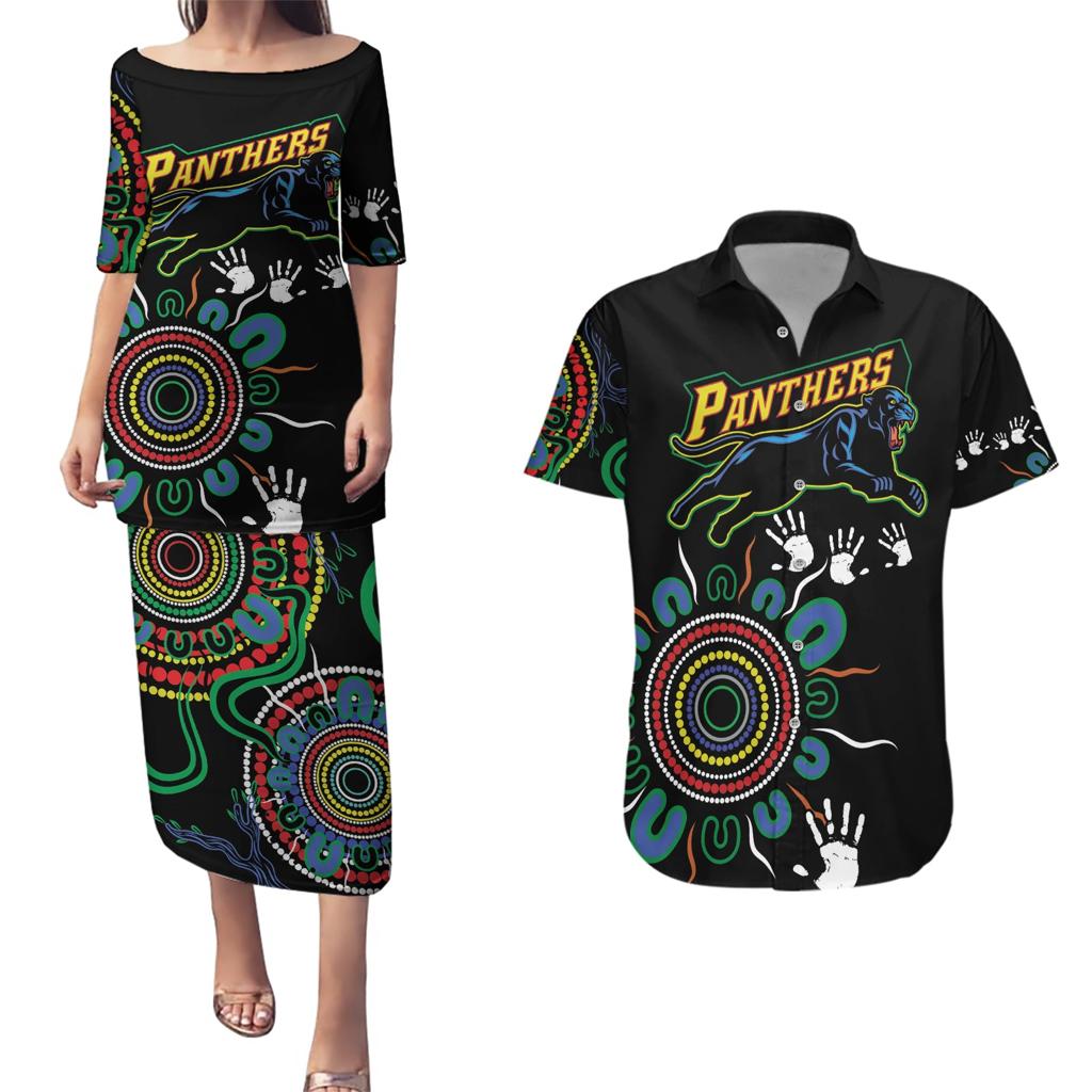 Personalised Panthers Aboriginal Dot Couples Matching Puletasi and Hawaiian Shirt Go the Mighty Panthers