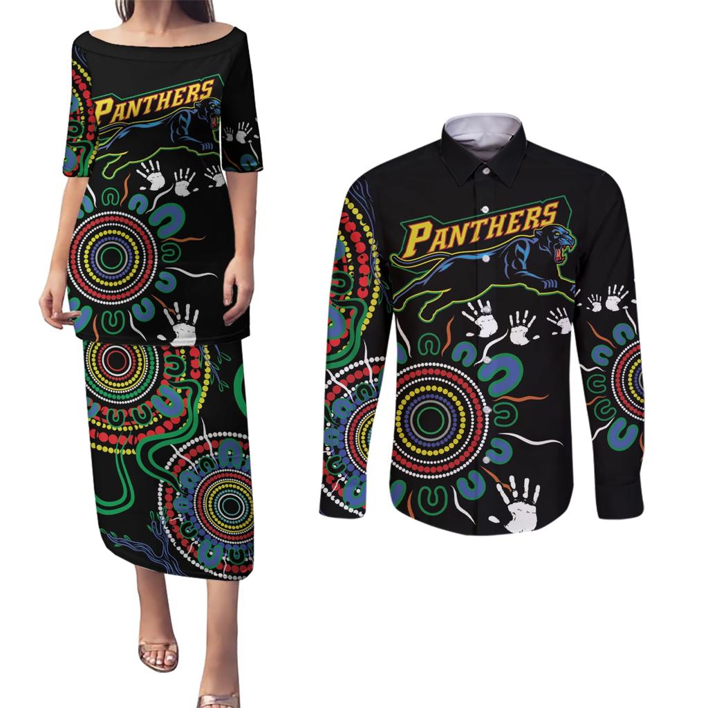 Personalised Panthers Aboriginal Dot Couples Matching Puletasi and Long Sleeve Button Shirt Go the Mighty Panthers