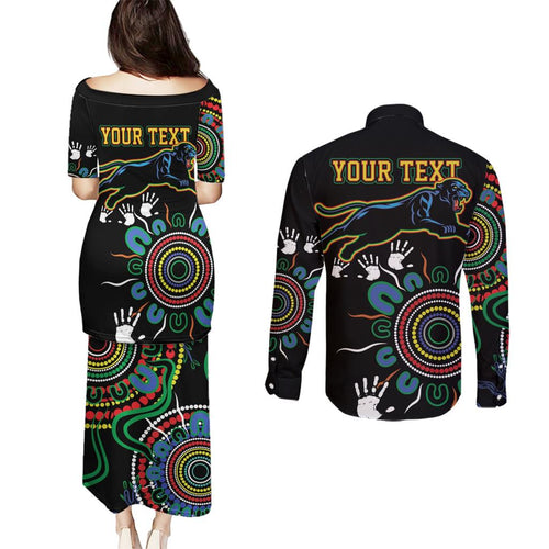 Personalised Panthers Aboriginal Dot Couples Matching Puletasi and Long Sleeve Button Shirt Go the Mighty Panthers