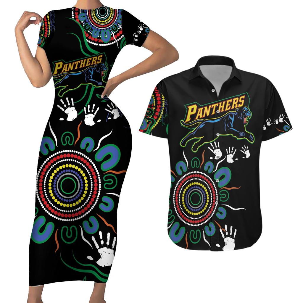 Personalised Panthers Aboriginal Dot Couples Matching Short Sleeve Bodycon Dress and Hawaiian Shirt Go the Mighty Panthers