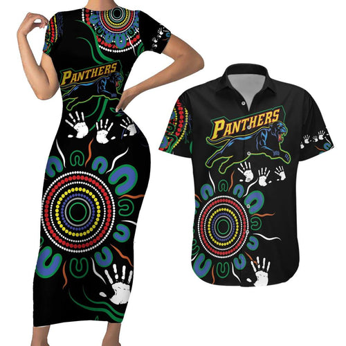 Personalised Panthers Aboriginal Dot Couples Matching Short Sleeve Bodycon Dress and Hawaiian Shirt Go the Mighty Panthers