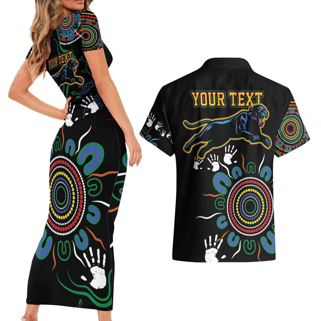 Personalised Panthers Aboriginal Dot Couples Matching Short Sleeve Bodycon Dress and Hawaiian Shirt Go the Mighty Panthers
