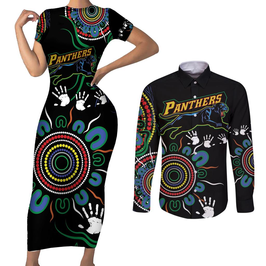 Personalised Panthers Aboriginal Dot Couples Matching Short Sleeve Bodycon Dress and Long Sleeve Button Shirt Go the Mighty Panthers