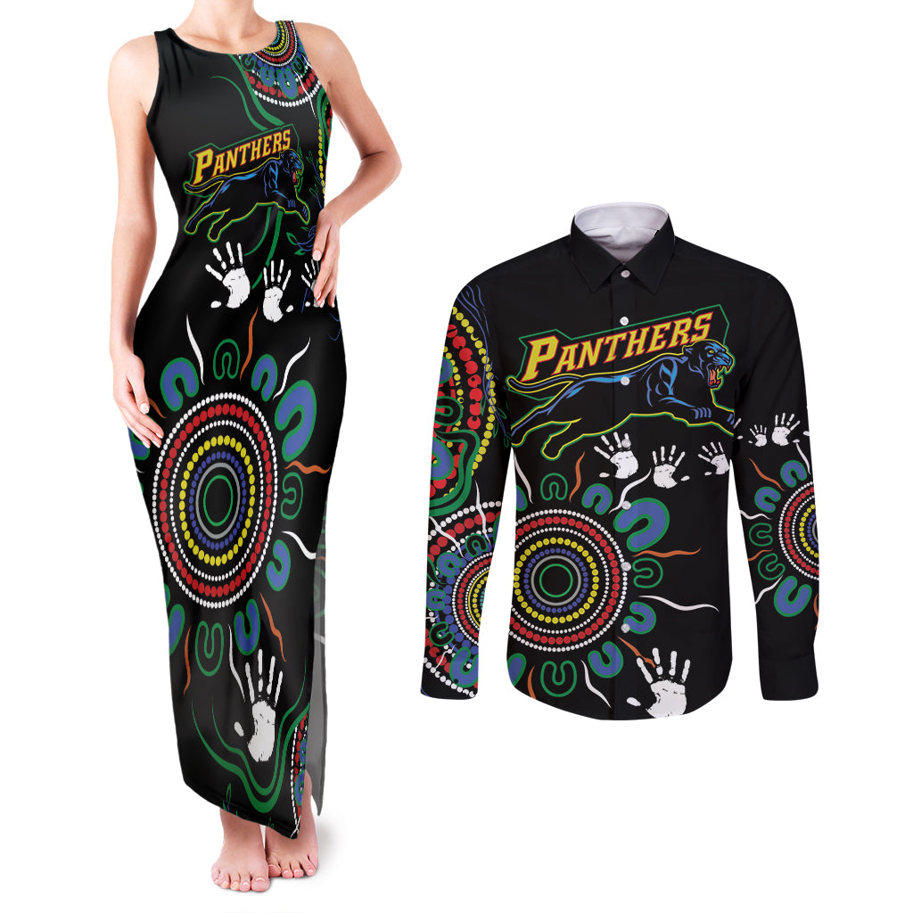 Personalised Panthers Aboriginal Dot Couples Matching Tank Maxi Dress and Long Sleeve Button Shirt Go the Mighty Panthers