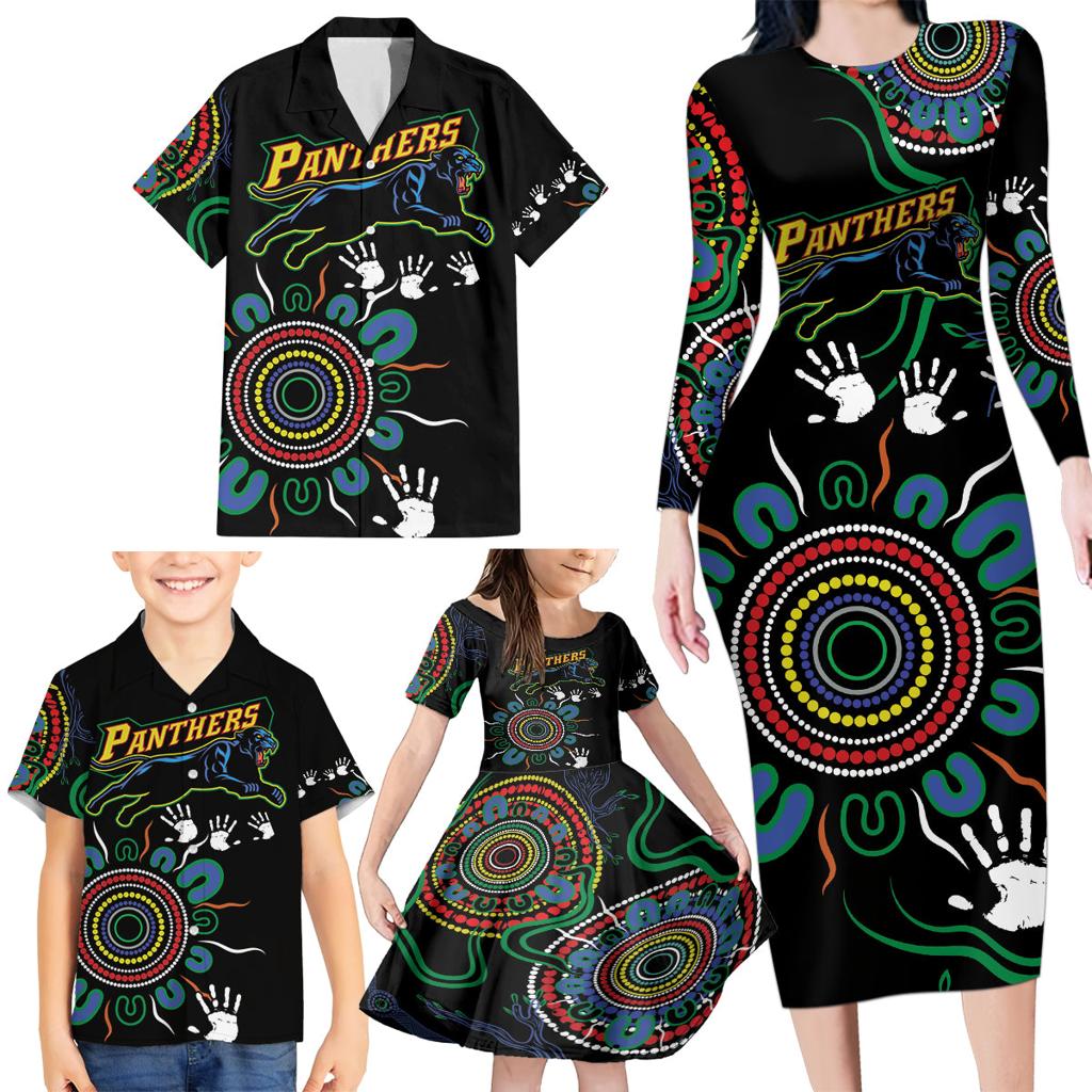Personalised Panthers Aboriginal Dot Family Matching Long Sleeve Bodycon Dress and Hawaiian Shirt Go the Mighty Panthers