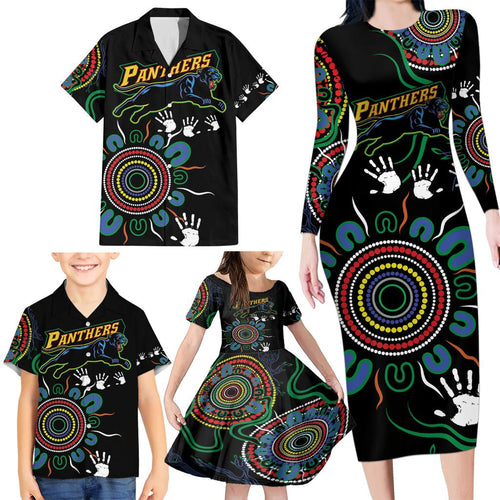 Personalised Panthers Aboriginal Dot Family Matching Long Sleeve Bodycon Dress and Hawaiian Shirt Go the Mighty Panthers