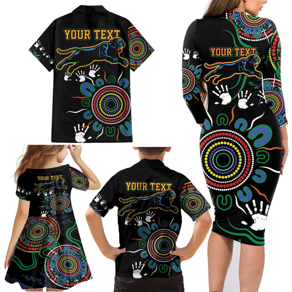 Personalised Panthers Aboriginal Dot Family Matching Long Sleeve Bodycon Dress and Hawaiian Shirt Go the Mighty Panthers