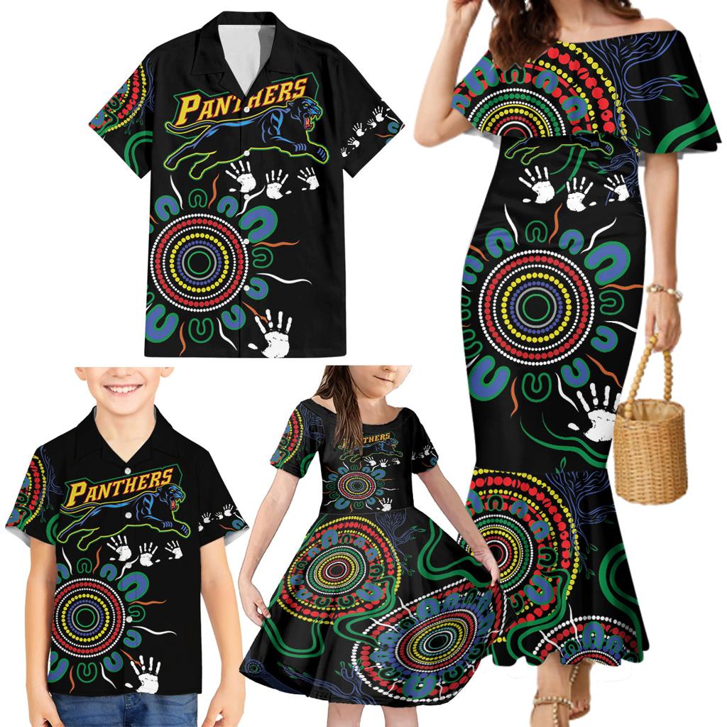 Personalised Panthers Aboriginal Dot Family Matching Mermaid Dress and Hawaiian Shirt Go the Mighty Panthers