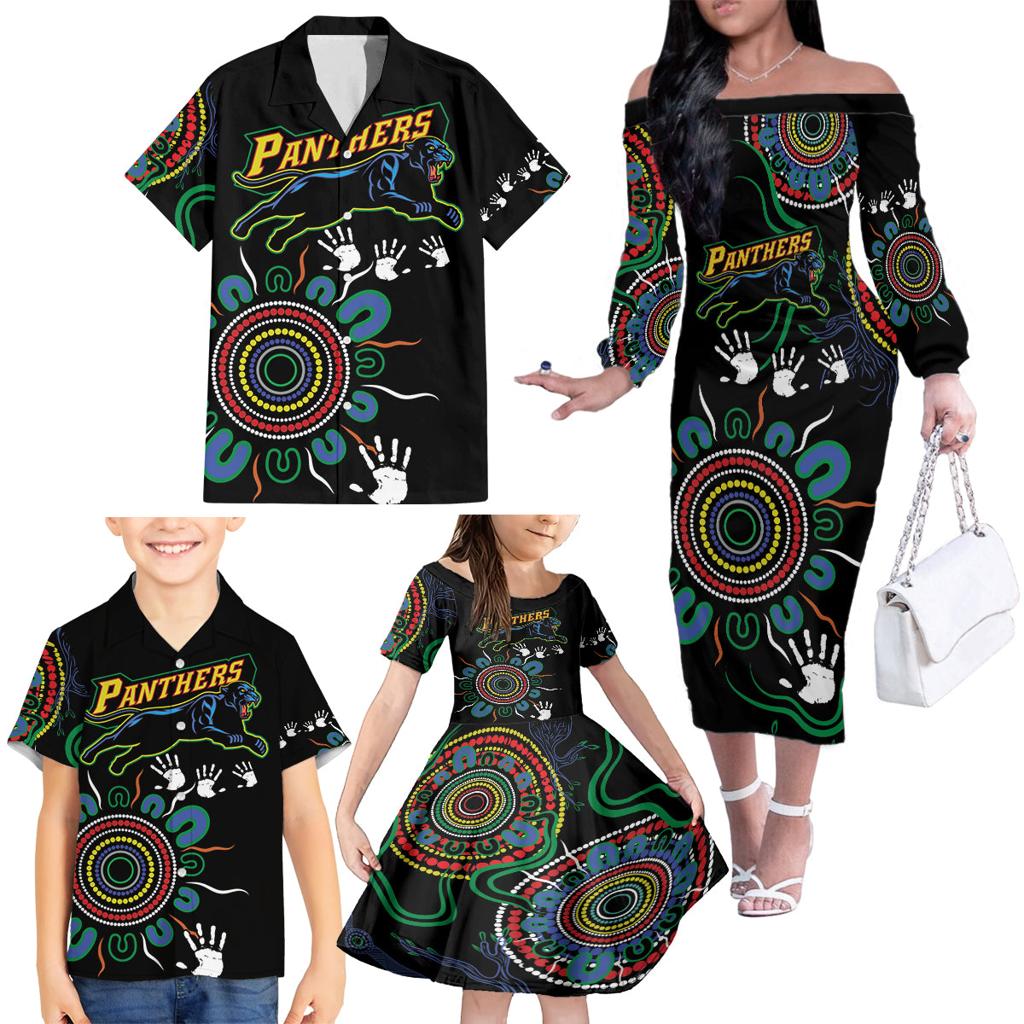 Personalised Panthers Aboriginal Dot Family Matching Off The Shoulder Long Sleeve Dress and Hawaiian Shirt Go the Mighty Panthers