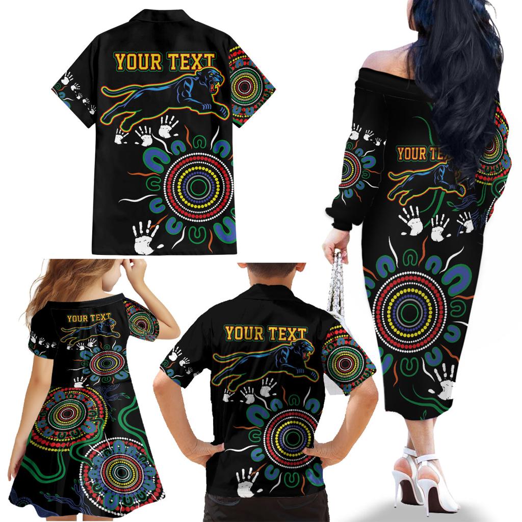 Personalised Panthers Aboriginal Dot Family Matching Off The Shoulder Long Sleeve Dress and Hawaiian Shirt Go the Mighty Panthers