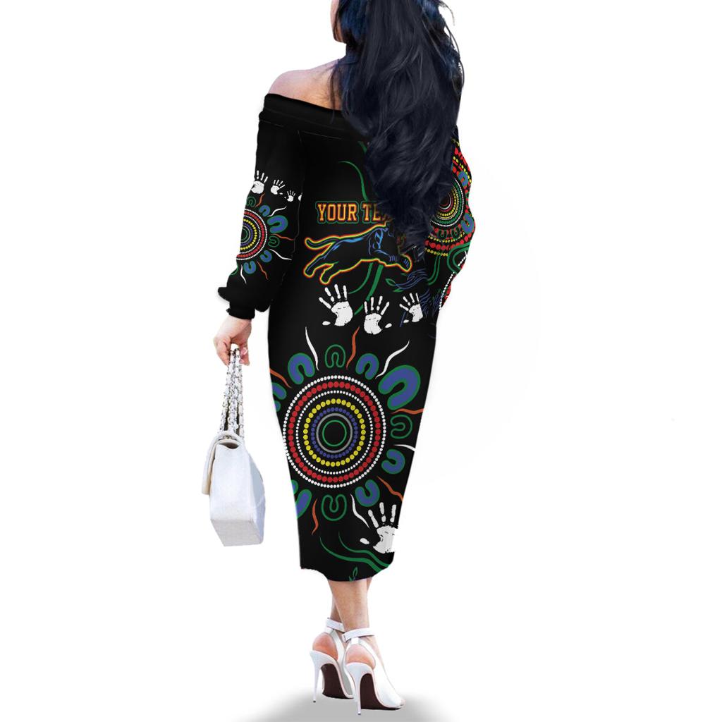 Personalised Panthers Aboriginal Dot Family Matching Off The Shoulder Long Sleeve Dress and Hawaiian Shirt Go the Mighty Panthers