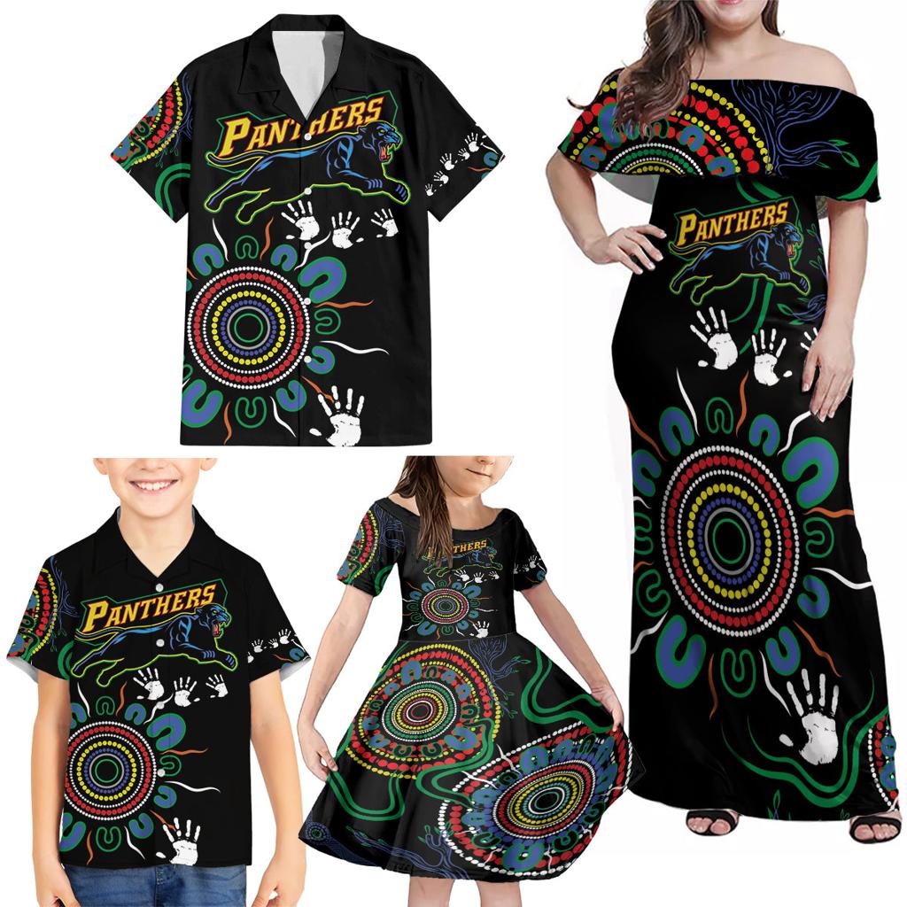 Personalised Panthers Aboriginal Dot Family Matching Off Shoulder Maxi Dress and Hawaiian Shirt Go the Mighty Panthers