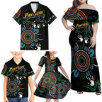 Personalised Panthers Aboriginal Dot Family Matching Off Shoulder Maxi Dress and Hawaiian Shirt Go the Mighty Panthers