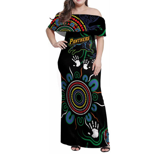 Personalised Panthers Aboriginal Dot Family Matching Off Shoulder Maxi Dress and Hawaiian Shirt Go the Mighty Panthers