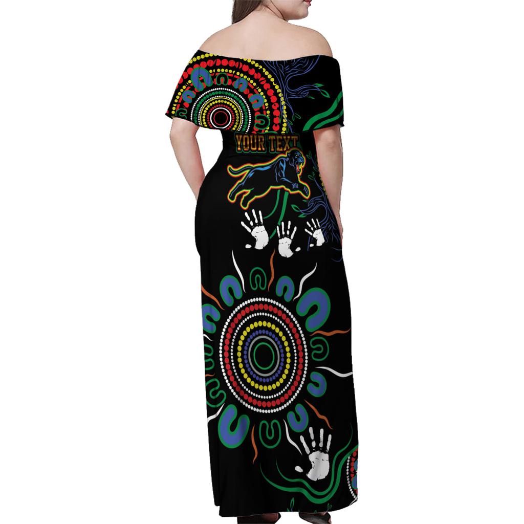 Personalised Panthers Aboriginal Dot Family Matching Off Shoulder Maxi Dress and Hawaiian Shirt Go the Mighty Panthers