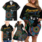 Personalised Panthers Aboriginal Dot Family Matching Off Shoulder Short Dress and Hawaiian Shirt Go the Mighty Panthers