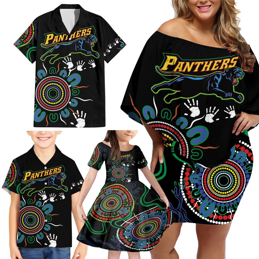 Personalised Panthers Aboriginal Dot Family Matching Off Shoulder Short Dress and Hawaiian Shirt Go the Mighty Panthers