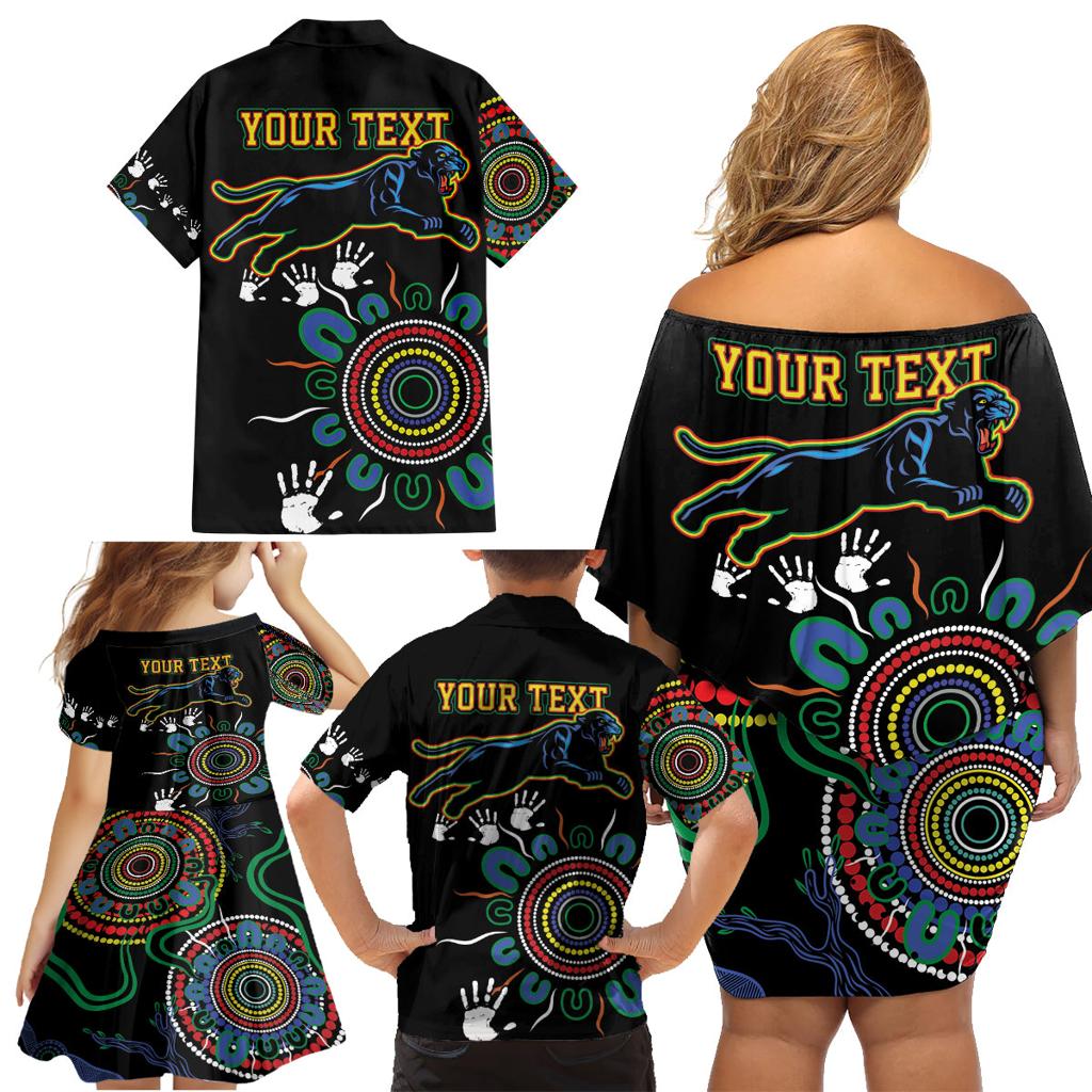 Personalised Panthers Aboriginal Dot Family Matching Off Shoulder Short Dress and Hawaiian Shirt Go the Mighty Panthers