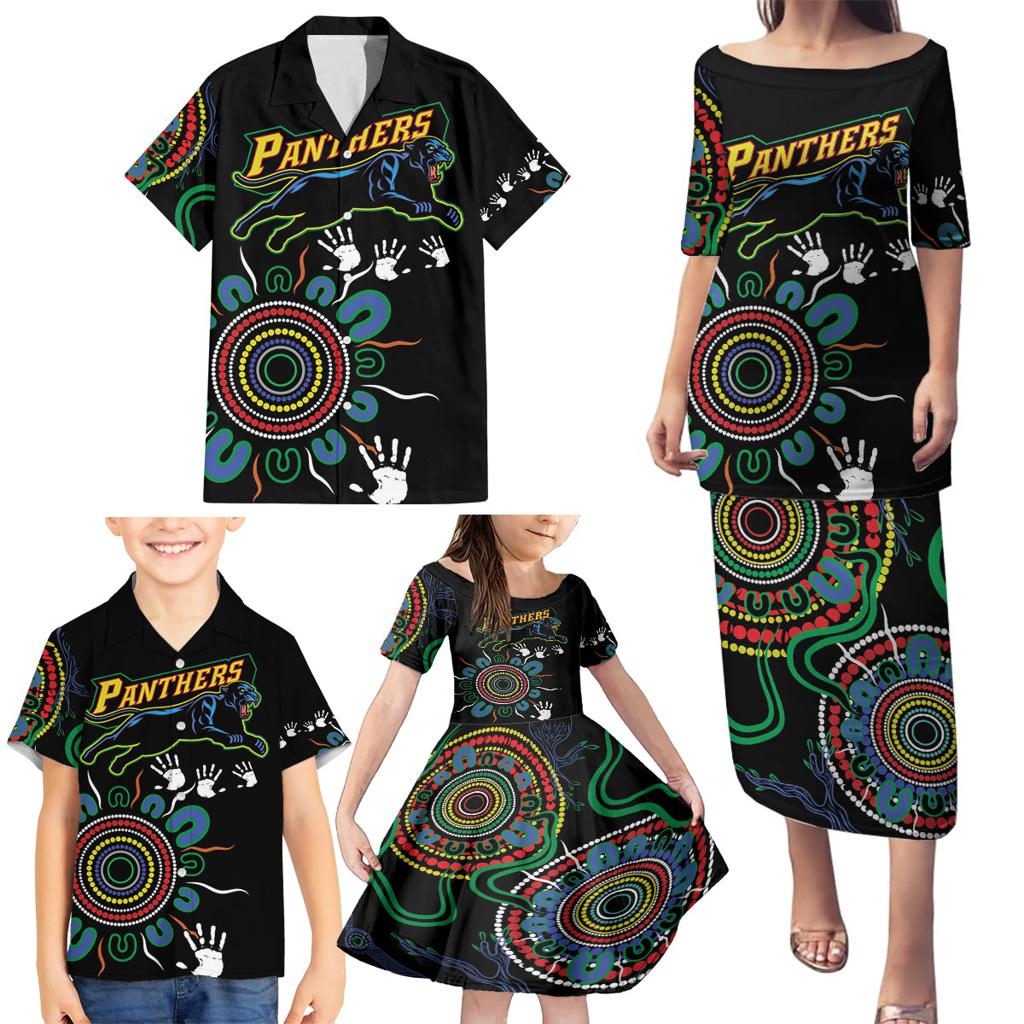 Personalised Panthers Aboriginal Dot Family Matching Puletasi and Hawaiian Shirt Go the Mighty Panthers