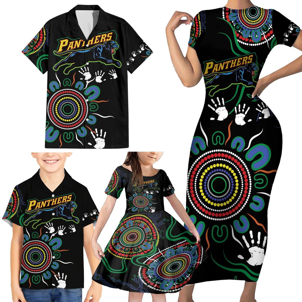 Personalised Panthers Aboriginal Dot Family Matching Short Sleeve Bodycon Dress and Hawaiian Shirt Go the Mighty Panthers