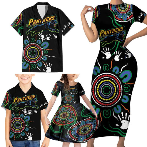 Personalised Panthers Aboriginal Dot Family Matching Short Sleeve Bodycon Dress and Hawaiian Shirt Go the Mighty Panthers